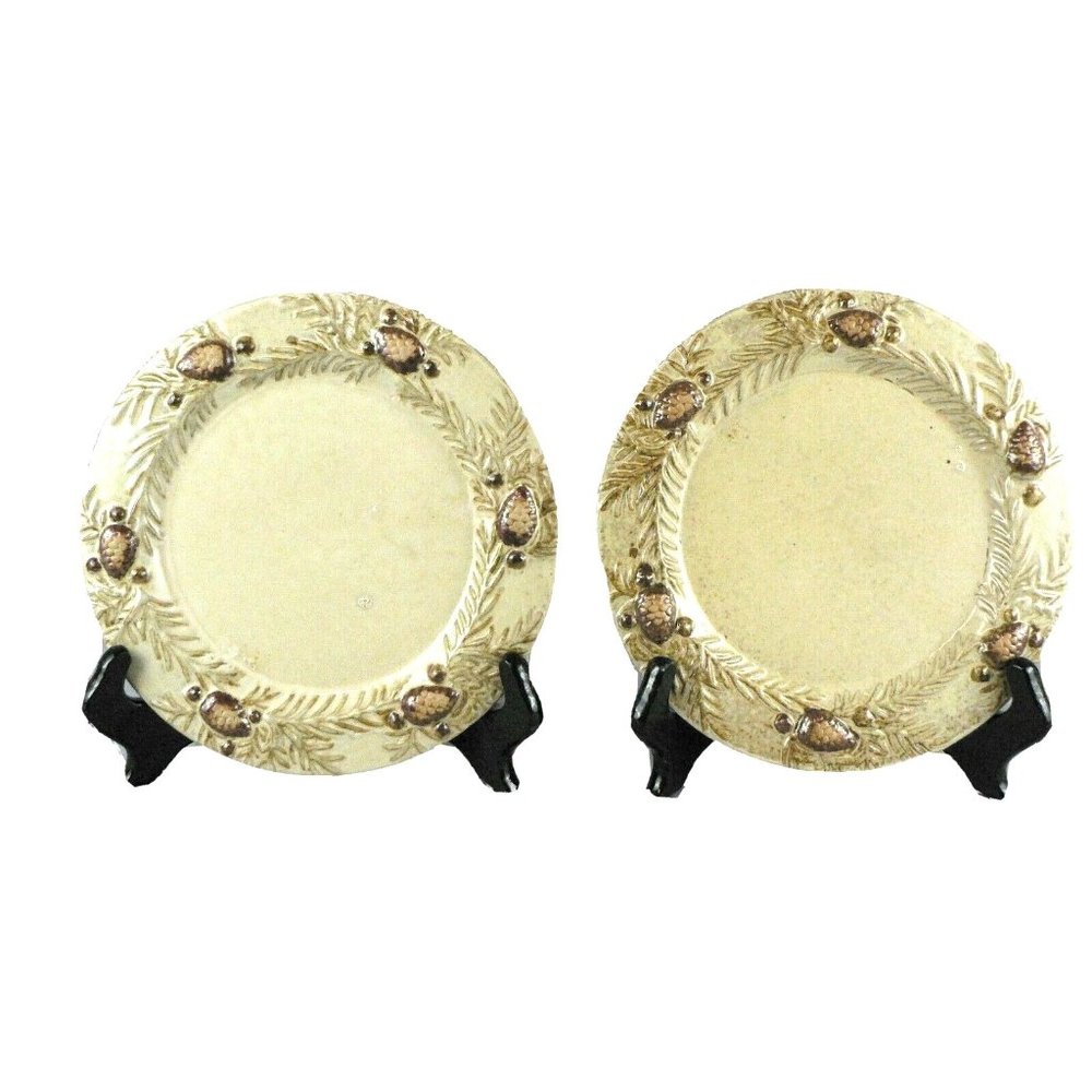 Bread Dessert Plate Country Pine Cone Design Lake Lodge Cabin Style 8" Set of 2